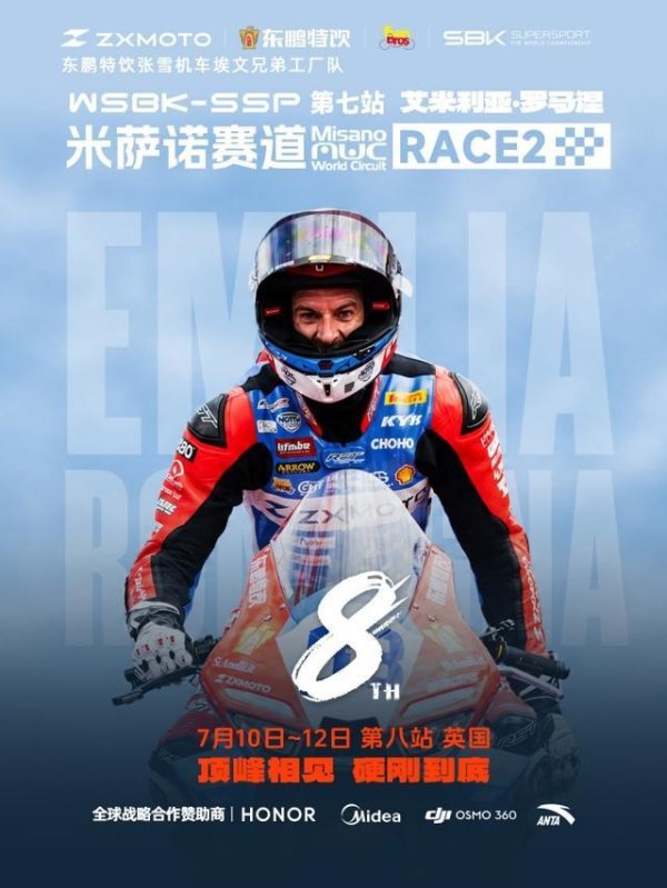 WSBK意大利站正赛第2回合：张雪机车德比斯杆位发车，第8位完赛