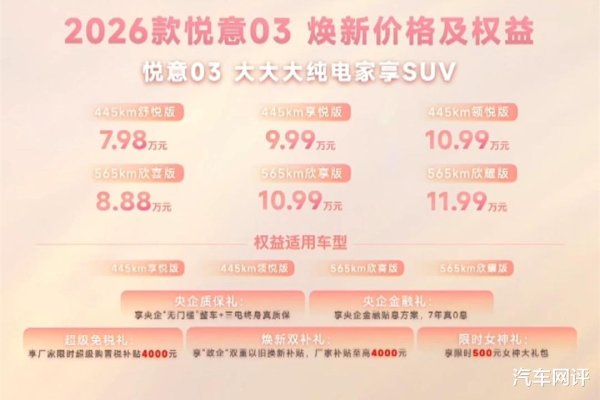 女神大礼物上线! 2026款悦意03焕新, 7.98万起家用纯电闭眼入